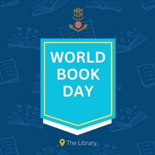 Blue graphic with the text WORLD BOOK DAY in a turquoise shield shape. Book illustrations decorate the background. Location icon and the words The Library appear at the bottom. An emblem is displayed at the top.