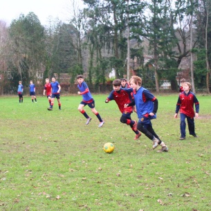 A group of boys wearing blue and red football kits play a match on a grassy pitch, with one boy dribbling a yellow ball while others chase and watch. Trees and houses are visible in the background.
