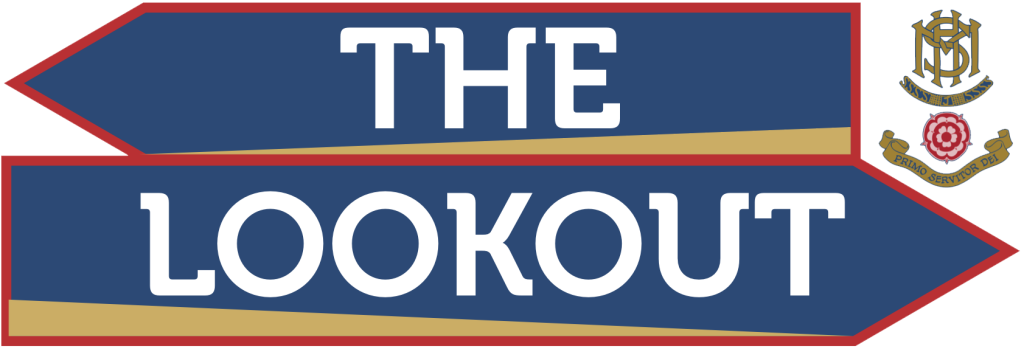 A blue sign with red and gold borders reads THE LOOKOUT in bold white letters. In the top right corner, an emblem features a crest and the words Service, Devotion, Duty—highlighting safeguarding news at a glance.