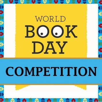 A colourful graphic reads World Book Day Competition with decorative borders featuring books and smiling faces. The word BOOK has cartoon eyes inside the two Os.