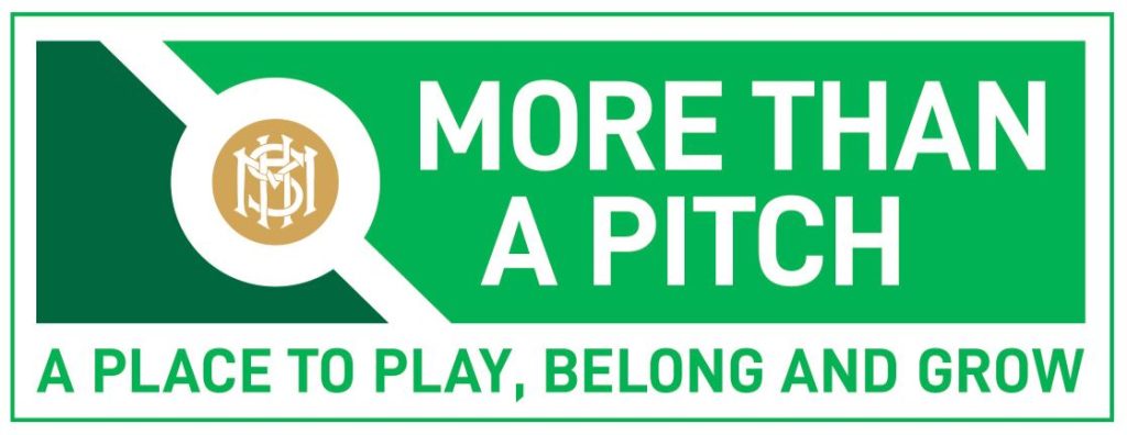 Green and white banner featuring the gold circular More Than a Pitch logo on the left, with “MORE THAN A PITCH” above “A PLACE TO PLAY, BELONG AND GROW” displayed on the right.