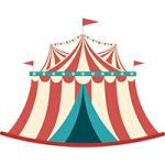 Illustration of a circus tent with red and white stripes, small flags on top, and colourful bunting along the roof. The tent entrance is open and draped with blue fabric, evoking the festive spirit seen in the History of More House School events.