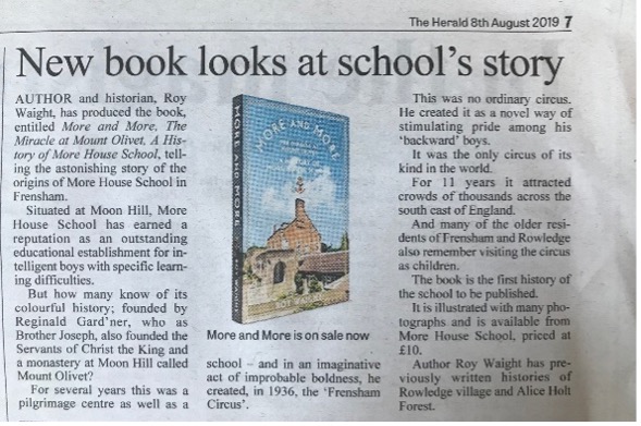 A newspaper article with the headline New book looks at schools story features a photo of the book More and More by Roy Waight, its cover illustrating a historic building and sky, exploring the history of More House School.