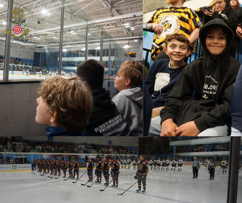 A collage of three photos: a group of boys watching an ice hockey match, two boys smiling at the camera in the stands, and two ice hockey teams lined up on the ice before the match in an indoor rink.