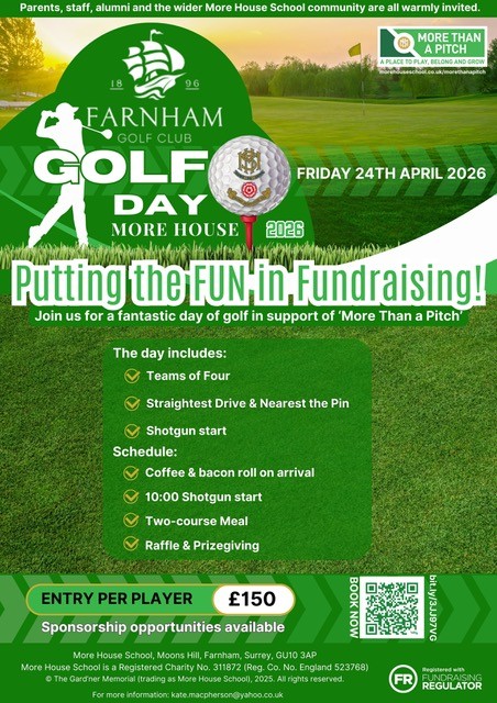 A promotional poster for Farnham Golf Club’s Golf Day at More House on Friday, 24 April 2026, featuring event details, pricing, schedule, and emphasising fundraising with the slogan Putting the FUN in Fundraising!.