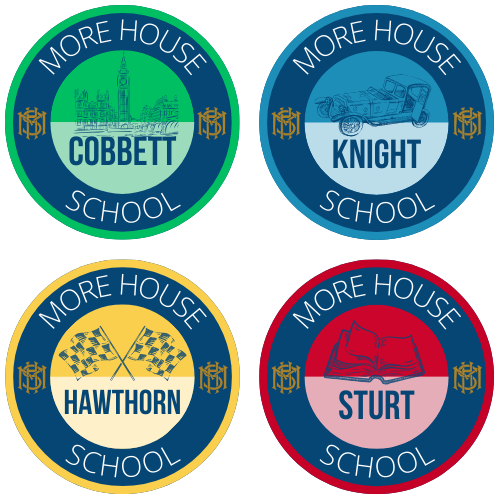 Four circular school house badges labelled Cobbett, Knight, Hawthorn, and Sturt. Each features distinct icons: a building, vintage car, chequered flags, and an open book—reflecting More House School’s focus on pastoral care.