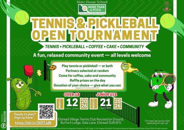 A bright, colourful poster for the Tennis & Pickleball Open Tournament featuring cartoon drawings of a pickleball, tennis ball, and gherkin. Event details, date, age groups, and a QR code are shown.