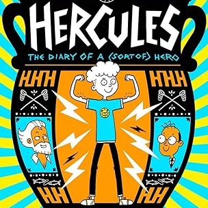 Illustrated book cover showing a cartoon boy flexing his arms, surrounded by lightning bolts. The title reads Hercules: The Diary of a (Sort Of) Hero. Two cartoon adult faces are featured on a Greek-style vase behind him.