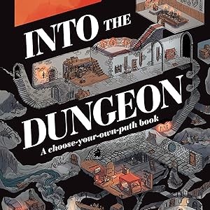 The cover of Into the Dungeon: A choose-your-own-path book features illustrated dungeon rooms connected by stairs and corridors, showcasing various fantasy settings and adventuring scenes.