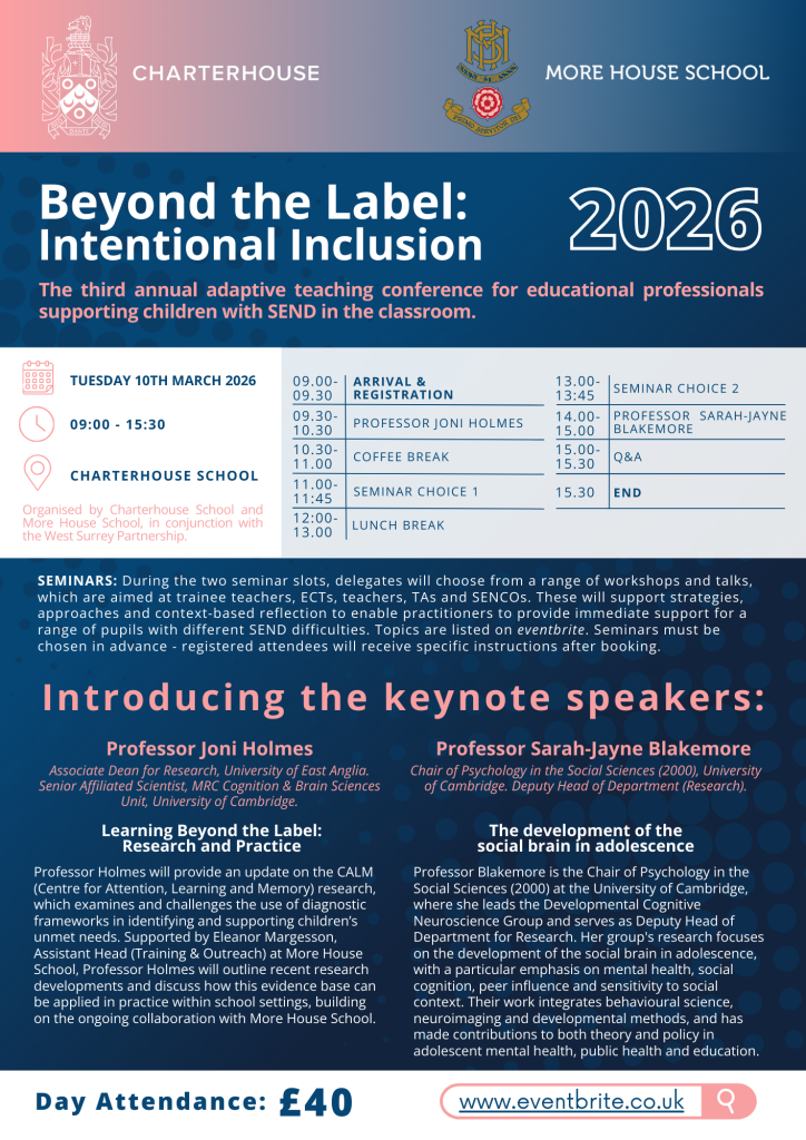 Conference poster for Beyond the Label: Intentional Inclusion 2026, featuring event details, a timetable, profiles of keynote speakers Professor Joni Holmes and Professor Sarah-Jayne Blakemore, special educational needs training, and registration information.