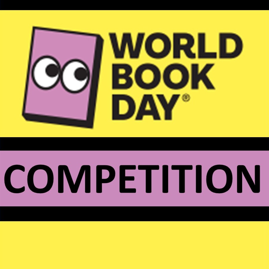 World Book Day logo with a cartoon book and the word COMPETITION in bold black letters on a purple background.