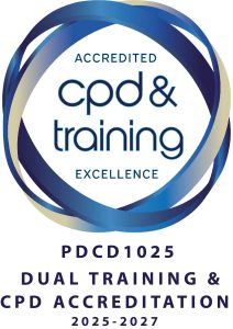Accredited CPD & Training Excellence seal, PDCD1025, Dual Training & CPD Accreditation, valid from 2025 to 2027.