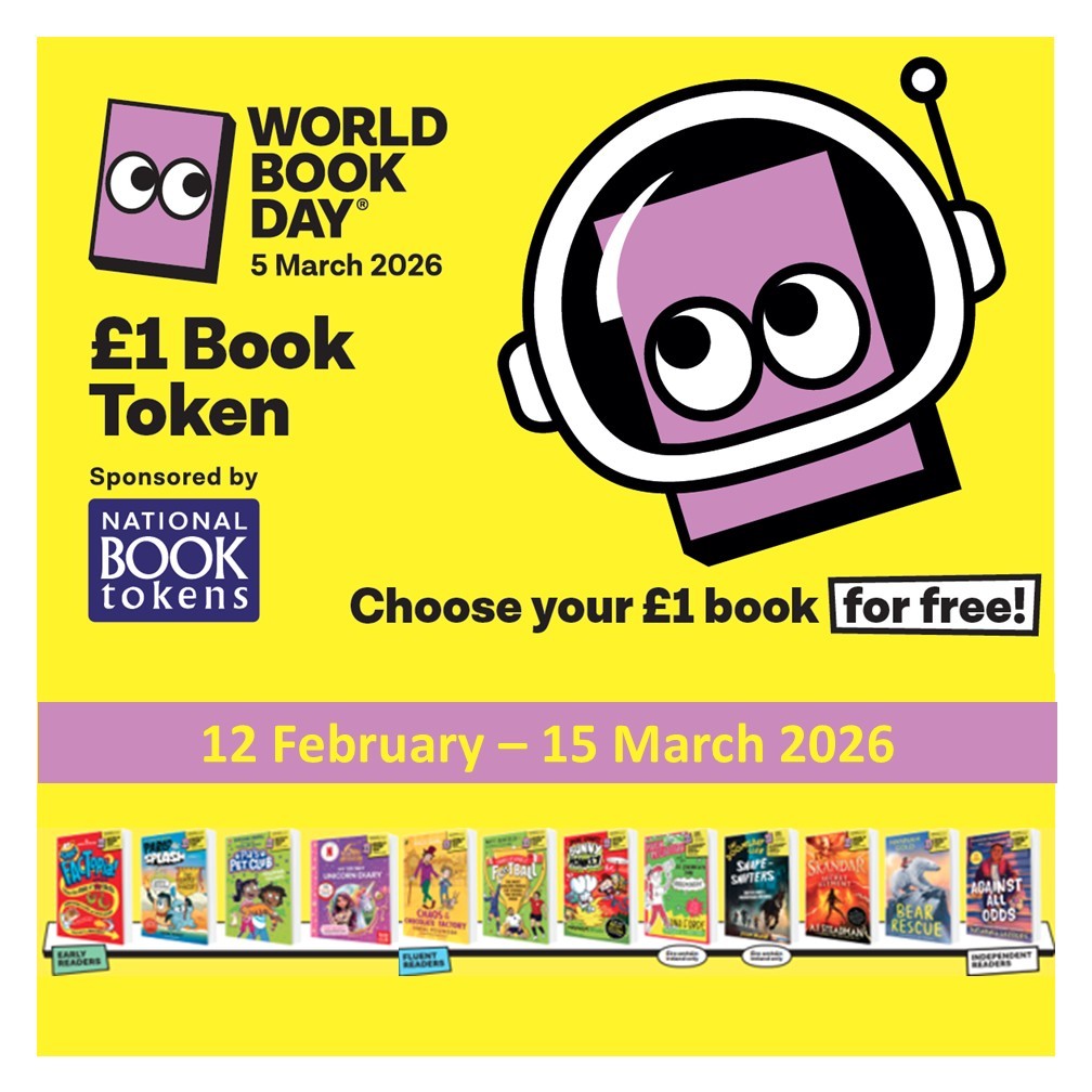 World Book Day 2026 promotion with a cartoon book character, details about £1 book token offer, event dates, and a row of book covers at the bottom.