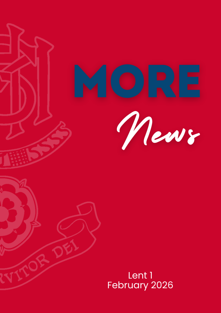 Red cover with school crest outlines, bold blue text reading MORE, white script News, and small text at the bottom: Lent 1 February 2026—your essential school newsletter update.
