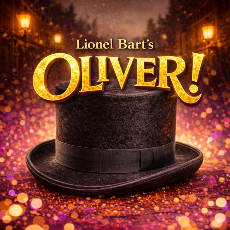 A black top hat sits on a glittery, colourful surface with the text Lionel Bart’s OLIVER! above it, set against a softly lit street background.