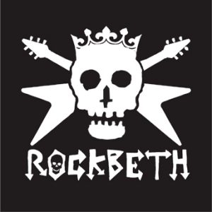 White skull with a crown and two crossed guitars on a black background, with the word ROCKBETH in bold stylised letters below.