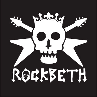 White skull with a crown and two crossed guitars on a black background, with the word ROCKBETH in bold stylised letters below.