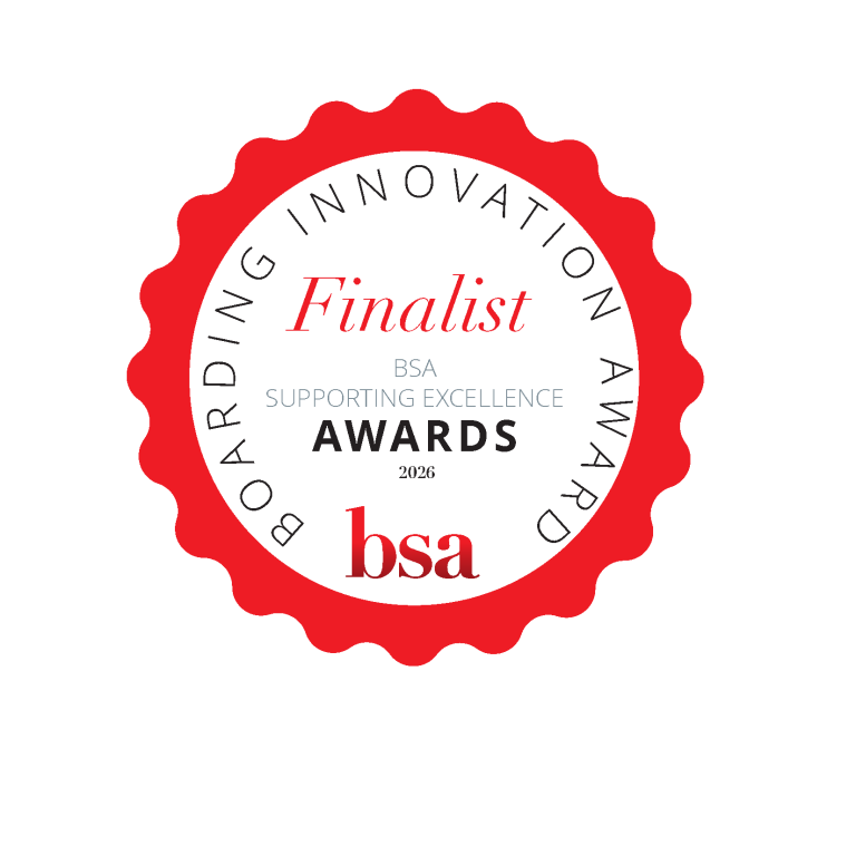 Red badge with the text: Finalist, BSA Supporting Excellence Awards 2026, Boarding Innovation Award, bsa.
