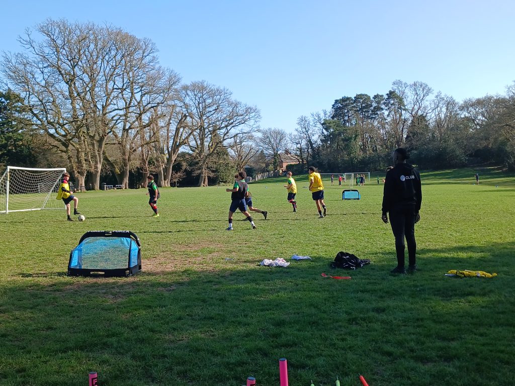 Several people play football on a grassy field while a person in dark clothing watches from the side; trees and blue sky are in the background.