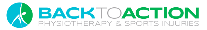 Logo for Back to Action Physiotherapy & Sports Injuries with a stylised figure in motion, inspired by the energy of a Celebrity football Match, inside a green and teal circle to the left of the text.