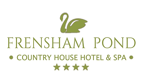 Logo for Frensham Pond Country House Hotel & Spa featuring a green swan icon above the name and five stars underneath, perfect for hosting premier events like a Celebrity Football Match.