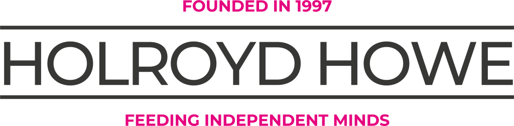 Logo for Holroyd Howe. The text reads Founded in 1997 above HOLROYD HOWE in a box, and Feeding Independent Minds below, all on a white background—perfect for events like a Celebrity football Match.