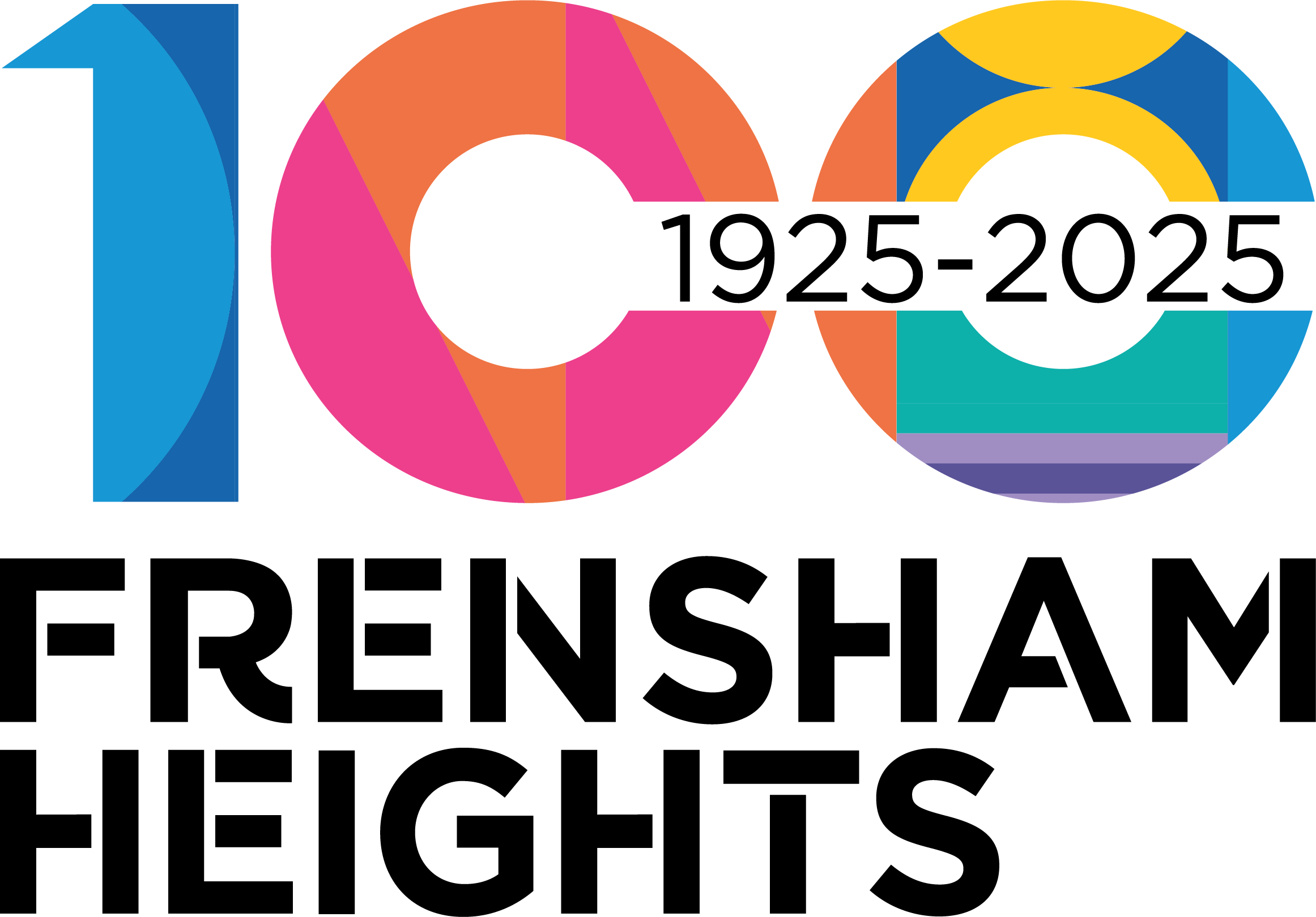 Logo with a large colourful 100, the years 1925–2025, and Frensham Heights in bold black text below, marking its centenary celebration—including a special Celebrity Football Match.