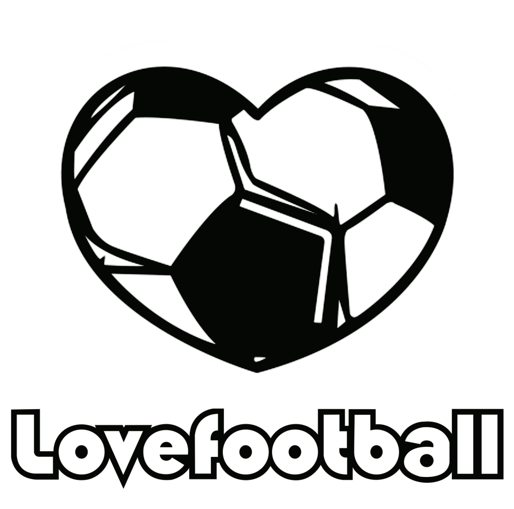 Black and white illustration of a heart-shaped football above the word Lovefootball in bold, stylised text, capturing the excitement of a Celebrity football Match.