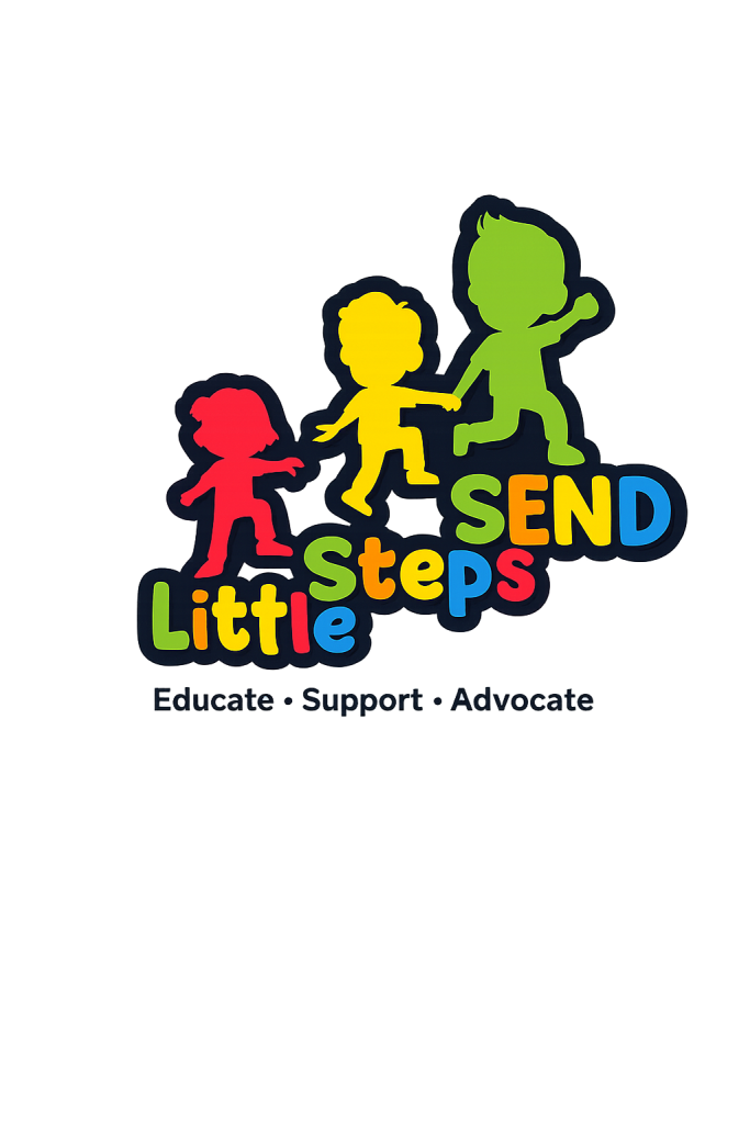 Logo with three colourful child silhouettes and the text SEND Little Steps above the words Educate • Support • Advocate on a plain background, inspired by the spirit of unity found at a celebrity football match.