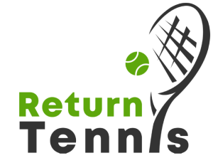 Logo with the words Return Tennis; a green tennis ball, a stylised black tennis racquet integrated into the design, inspired by the energy of a Celebrity football Match.