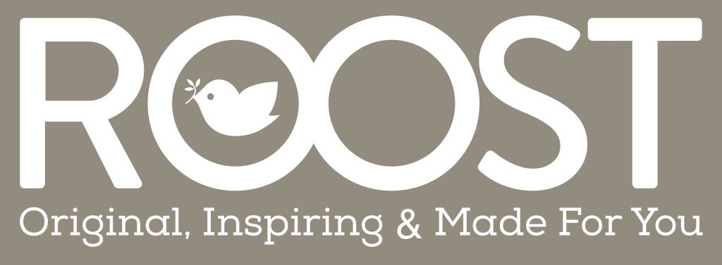 The word ROOST in large white letters on a grey background, with a bird graphic inside the first O; below it reads Original, Inspiring & Made For You—perfect for fans of any celebrity football match.