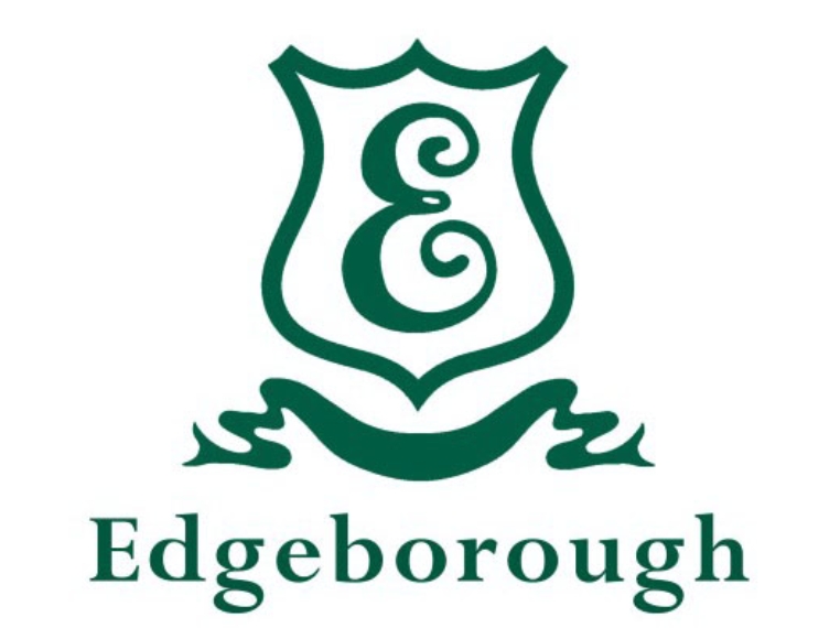 A green stylised letter E inside a shield outline above the word Edgeborough in green text, inspired by the excitement of a Celebrity football Match.