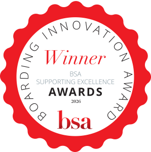 Red and white circular badge with the text: Boarding Innovation Award Winner, BSA Supporting Excellence Awards 2026, bsa.