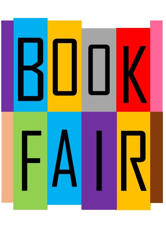 Colourful blocks with bold black letters spell out BOOK FAIR on a white background.