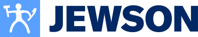 Jewson logo featuring a blue and white icon of a person holding tools on the left and the word JEWSON in bold, blue letters on the right, as seen at the recent Celebrity Football Match.