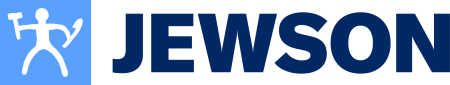 Jewson logo featuring a blue and white icon of a person holding tools on the left and the word JEWSON in bold, blue letters on the right, as seen at the recent Celebrity Football Match.
